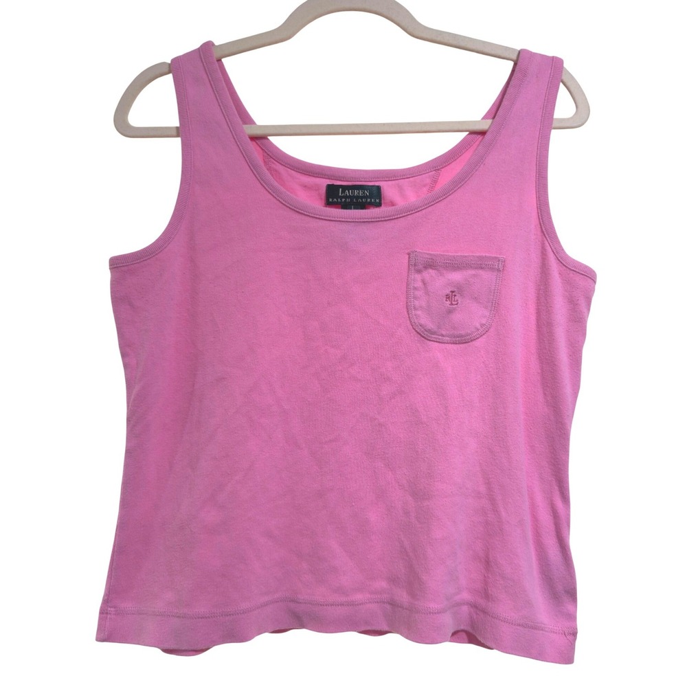 Vintage Lauren Ralph Lauren Pink Cotton Tank Top Pocket Monogram Womens L